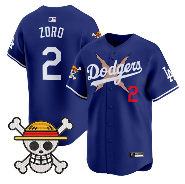 Zoro Jersey #2 Los Angeles Dodgers One Piece 2025 Vapor Limited Stitched Royal