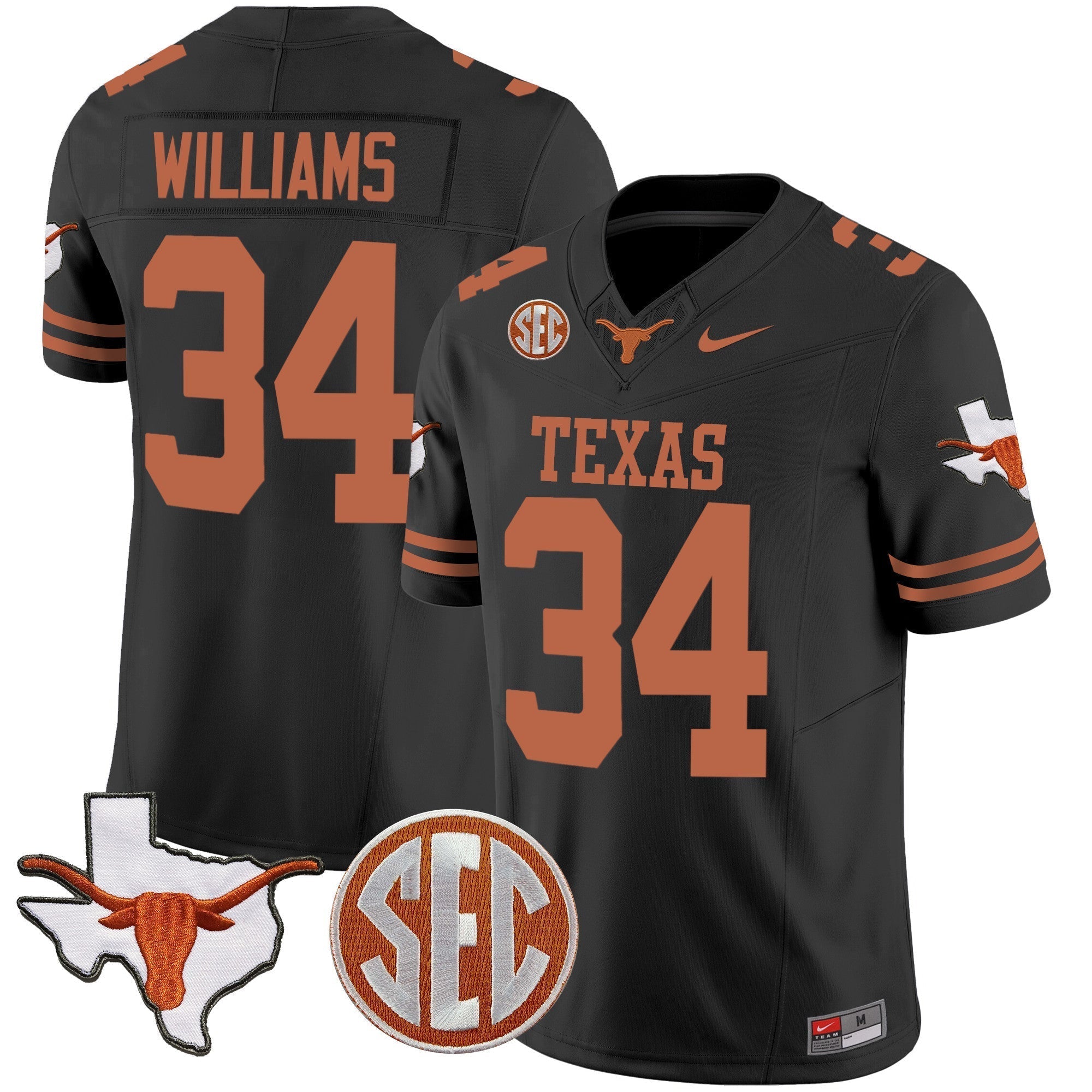 Men Texas Longhorns State Map & SEC Patch Vapor Jersey V4 - All Stitched