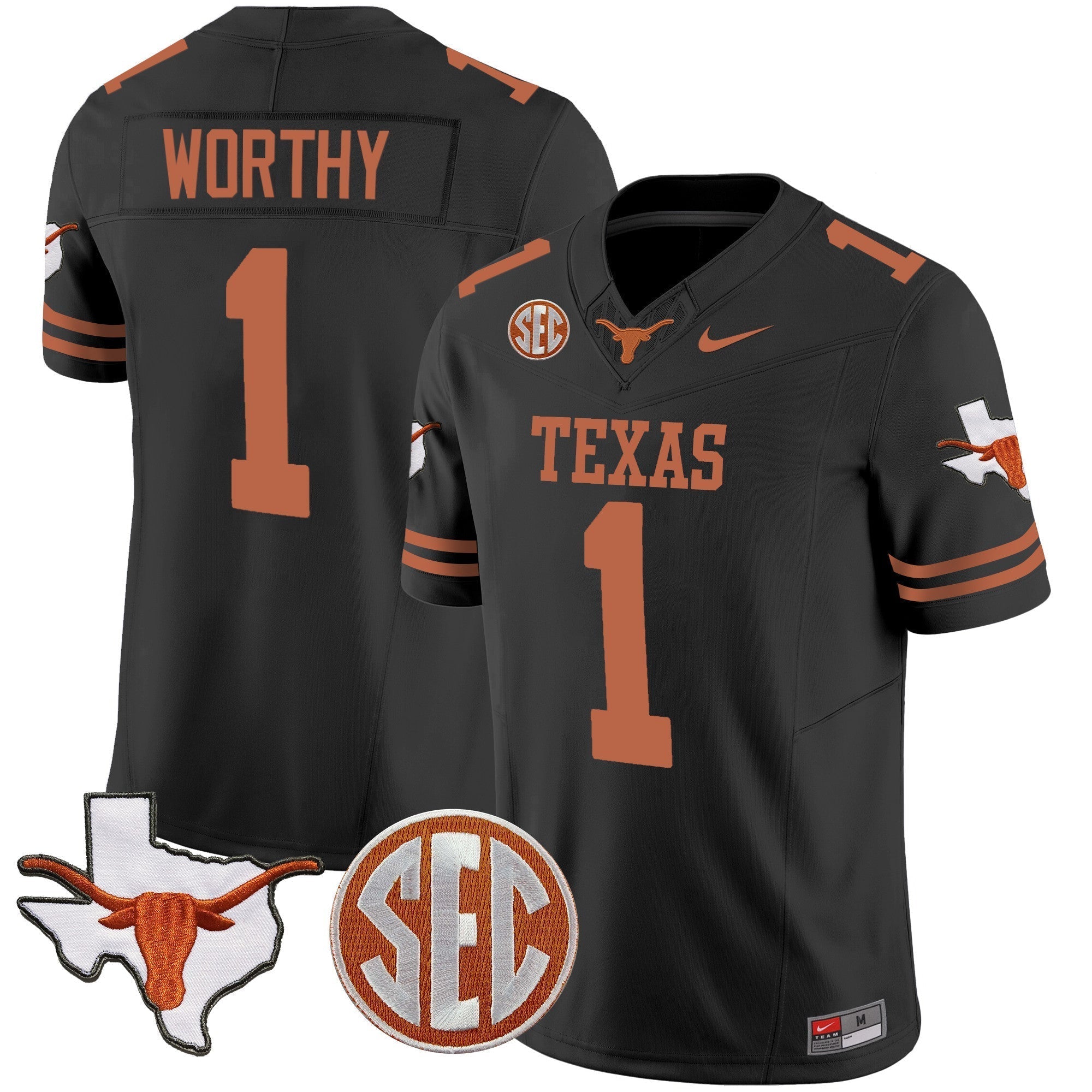 Men Texas Longhorns State Map & SEC Patch Vapor Jersey V4 - All Stitched