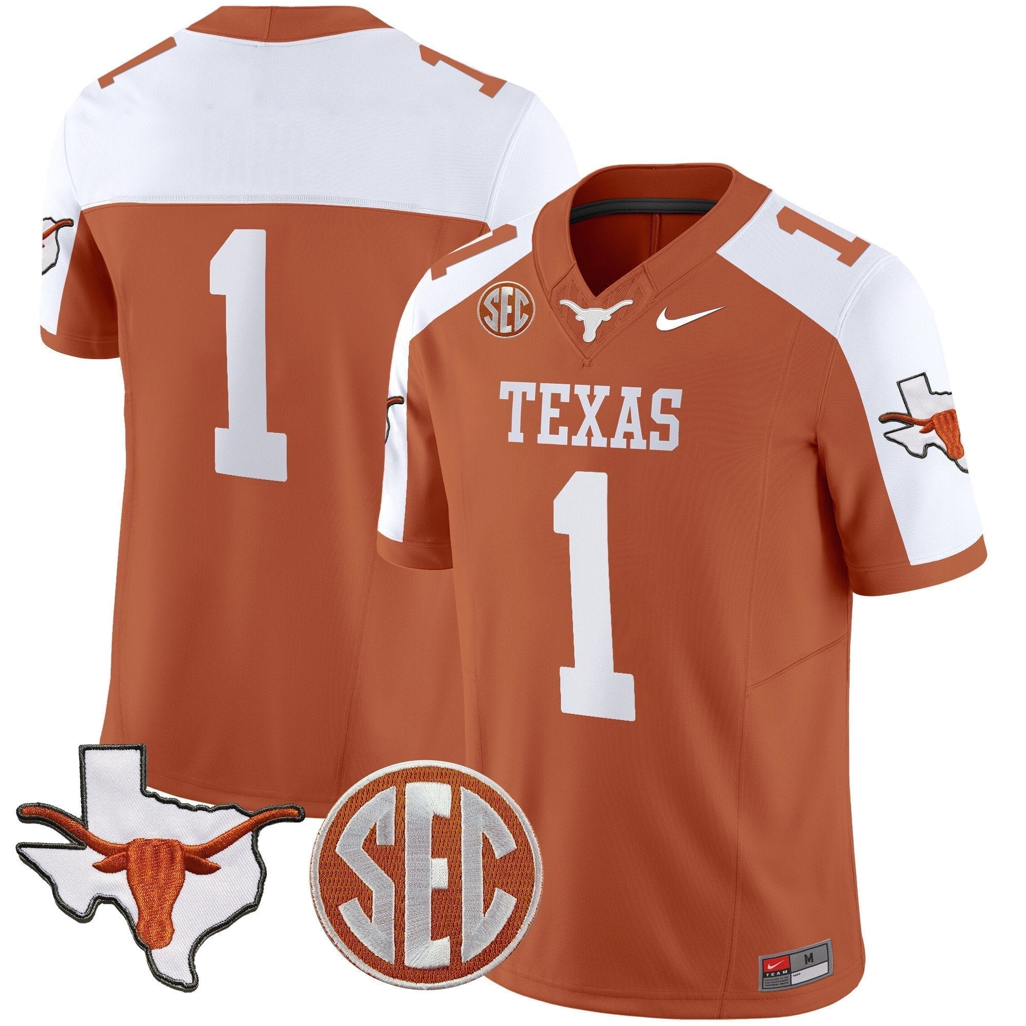 Men Texas Longhorns State Map & SEC Patch Vapor Jersey V2 - All Stitched