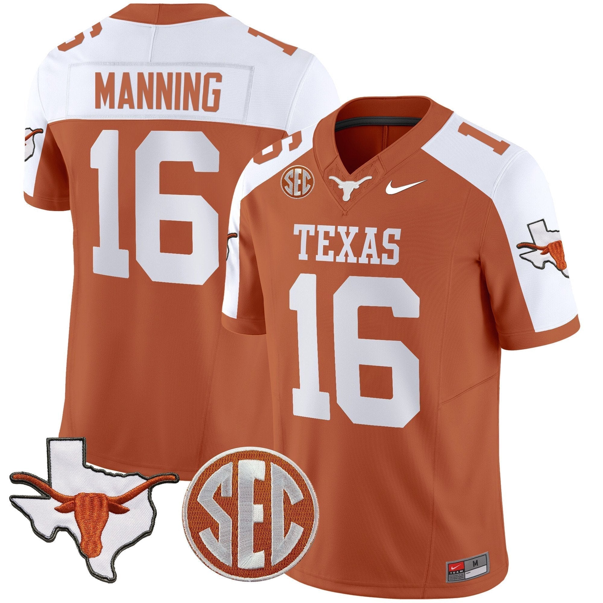 Men Texas Longhorns State Map & SEC Patch Vapor Jersey V2 - All Stitched