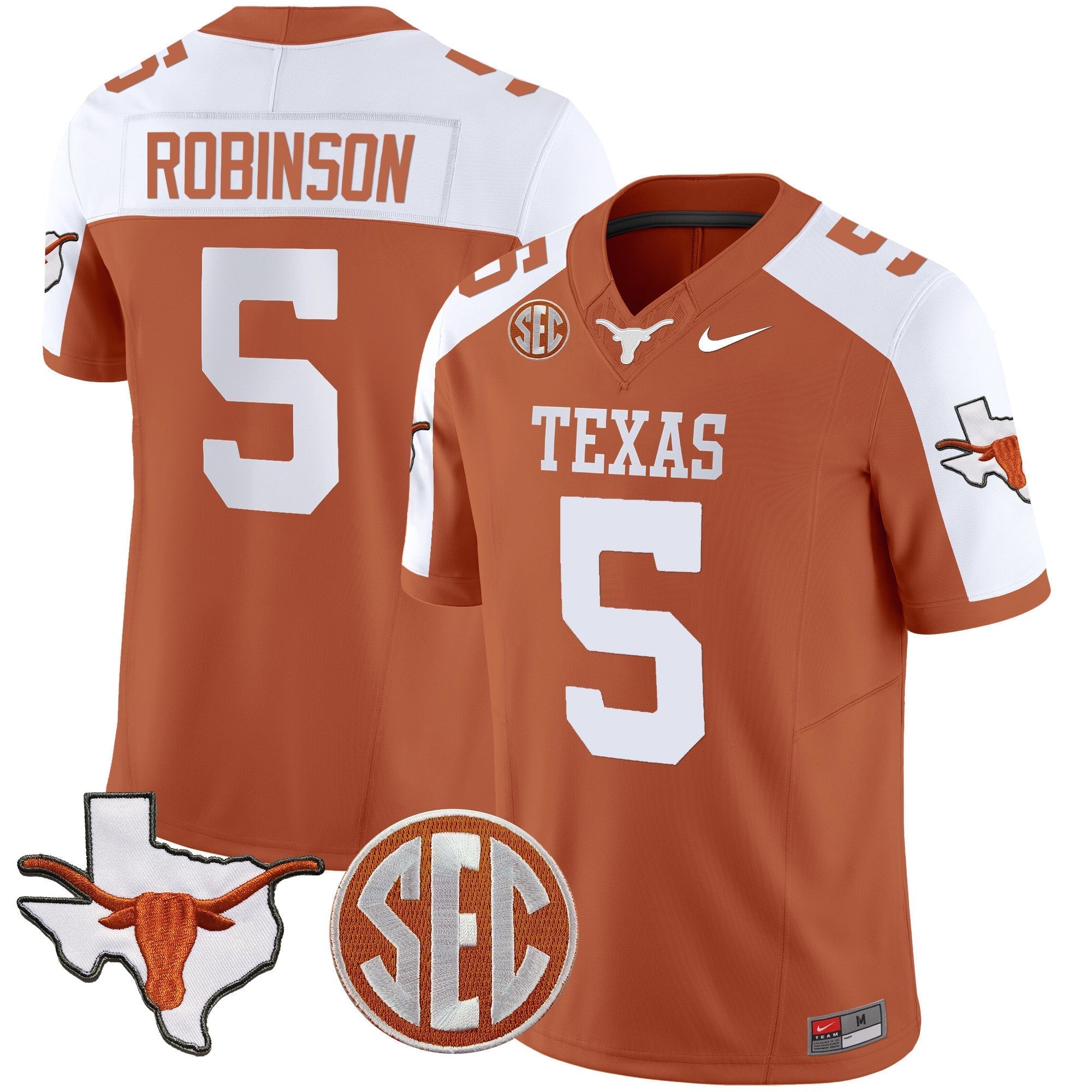 Men Texas Longhorns State Map & SEC Patch Vapor Jersey V4 - All Stitched