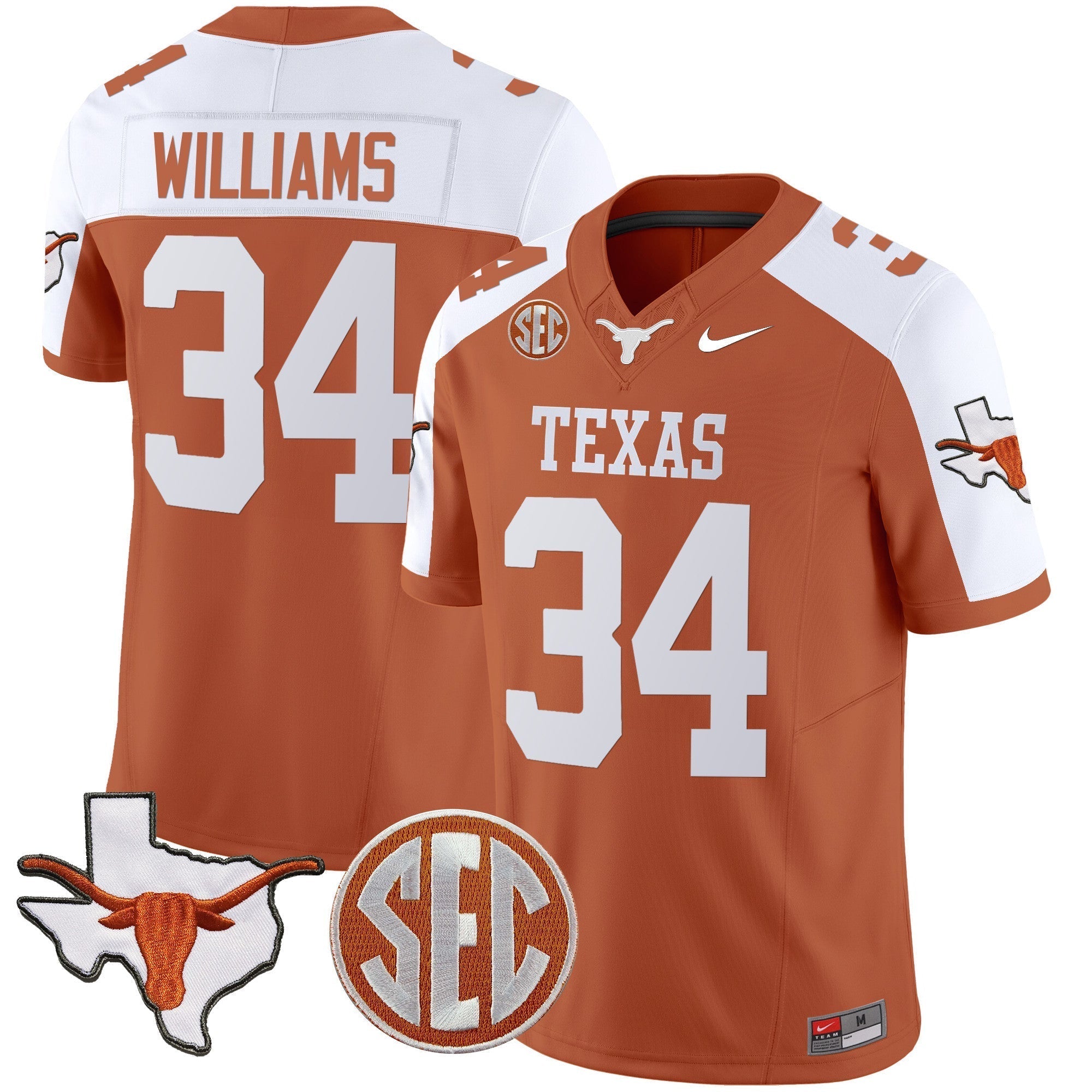 Men Texas Longhorns State Map & SEC Patch Vapor Jersey V4 - All Stitched