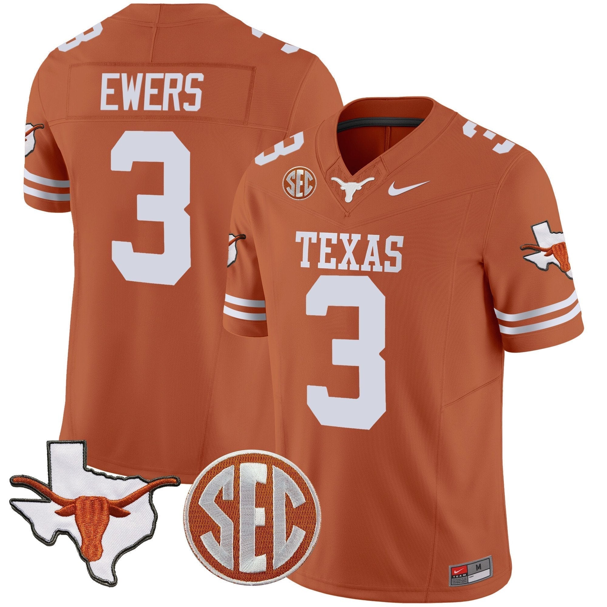 Men Texas Longhorns State Map & SEC Patch Vapor Jersey V2 - All Stitched