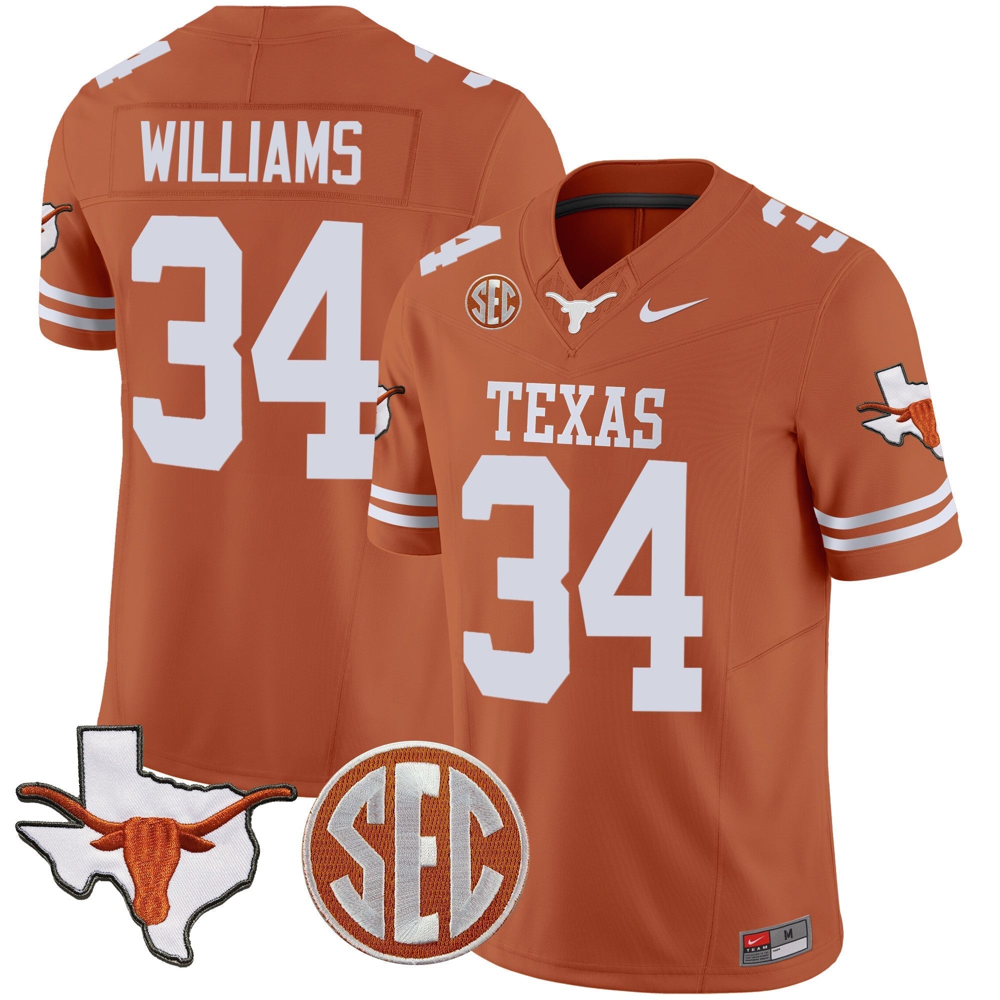 Men Texas Longhorns State Map & SEC Patch Vapor Jersey V4 - All Stitched