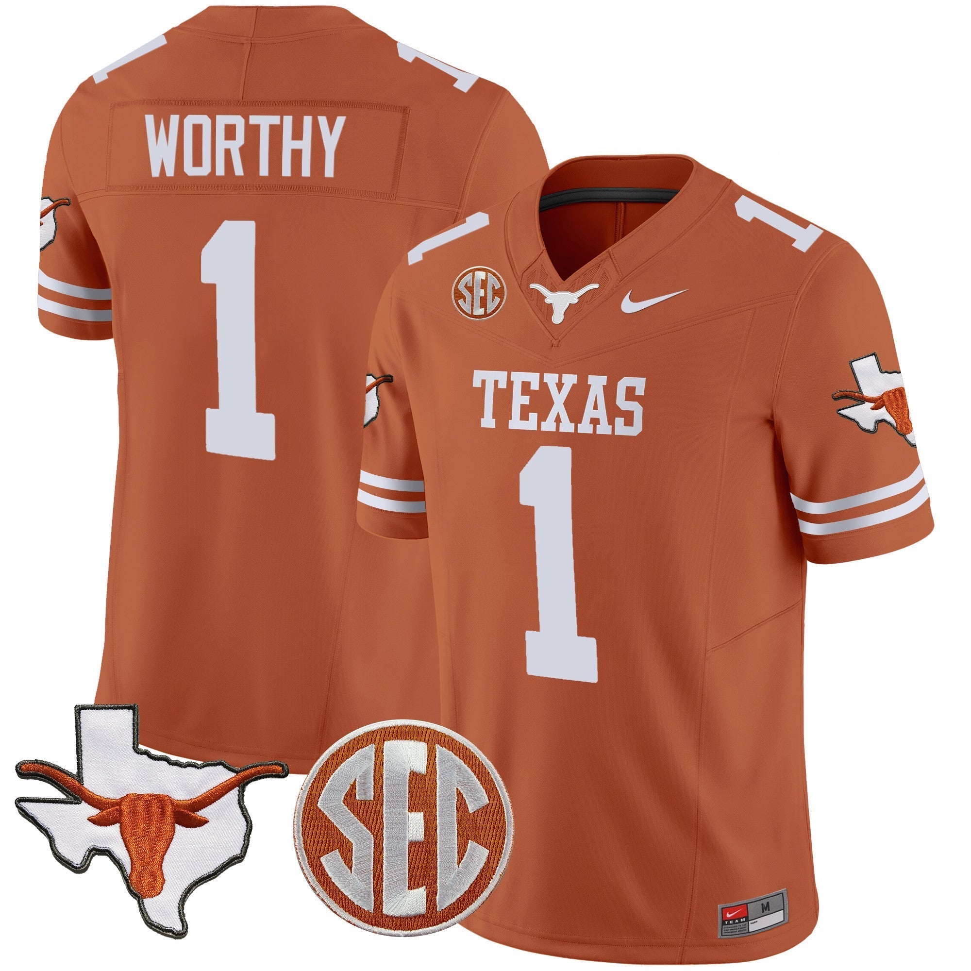 Men Texas Longhorns State Map & SEC Patch Vapor Jersey V4 - All Stitched