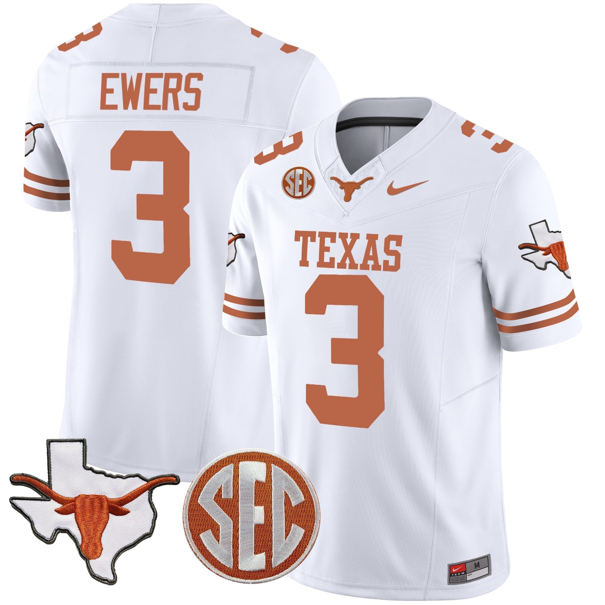 Men Texas Longhorns State Map & SEC Patch Vapor Jersey V4 - All Stitched