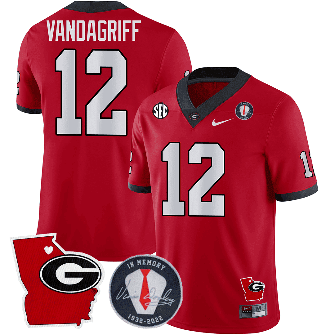 Men Georgia Bulldogs 2023 Vince Dooley Patch & Georgia State Map Jersey - All Stitched