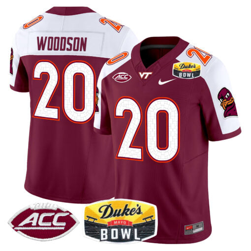Caleb Woodson Jersey #20 Virginia Tech Hokies 2025 Duke’s Mayo Bowl Patch Maroon Alternate