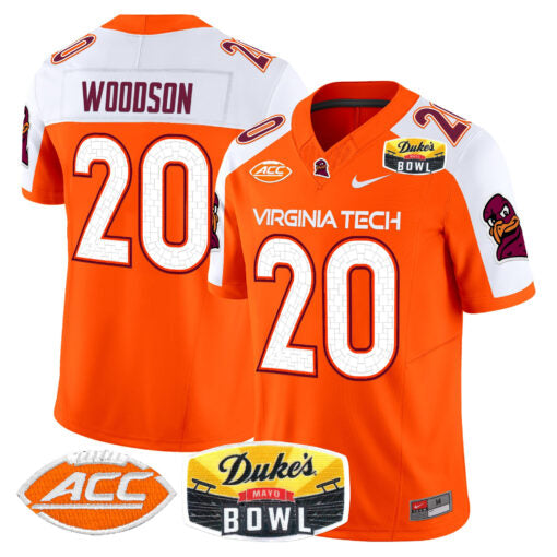 Caleb Woodson Jersey #20 Virginia Tech Hokies 2025 Duke’s Mayo Bowl Patch Orange