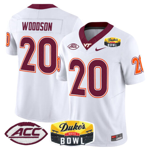 Caleb Woodson Jersey #20 Virginia Tech Hokies 2025 Duke’s Mayo Bowl Patch White