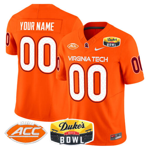 Custom Virginia Tech Hokies Jersey 2025 Duke’s Mayo Bowl Patch Vapor Orange