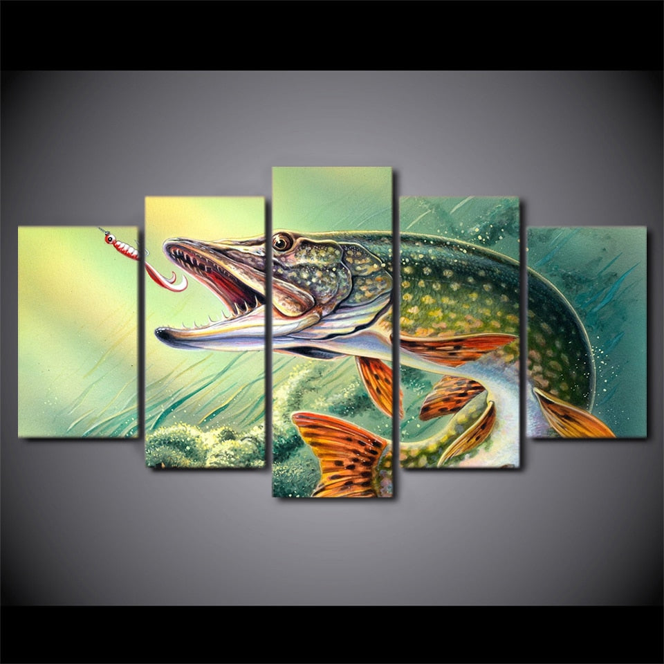 Fishing Hooked Pike Fish Framed 5 Piece Canvas Wall Art