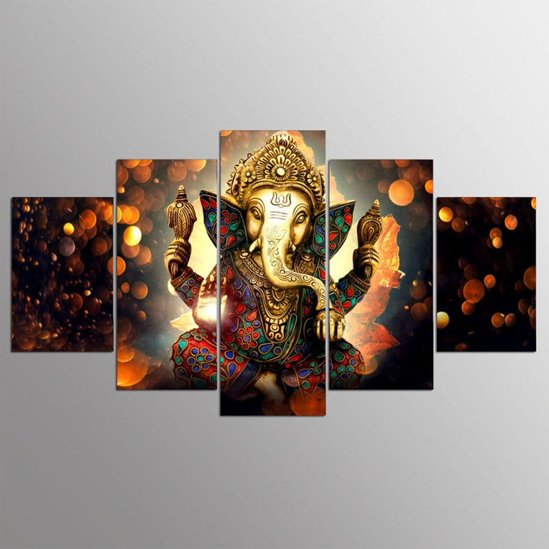 Indian Ganesh Hindu Elephant God Framed 5 Piece Canvas Wall Art