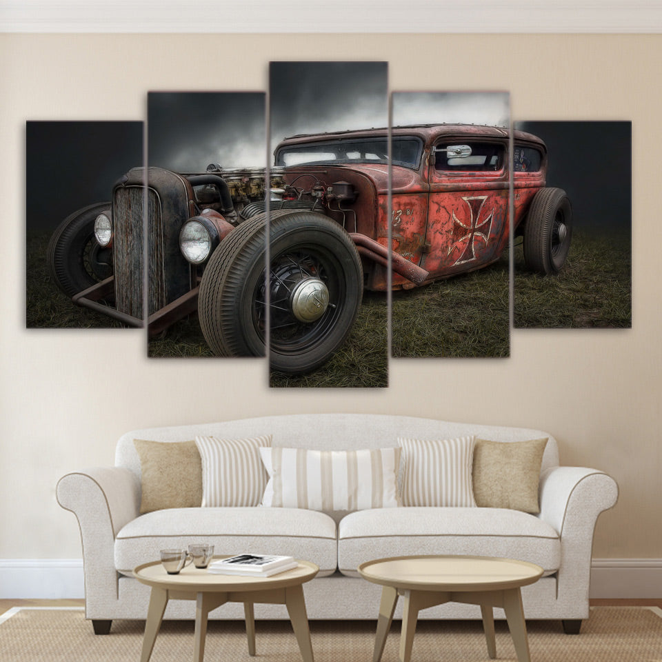 Antique Hot Rod Vintage Car Framed 5 Piece Canvas Wall Art