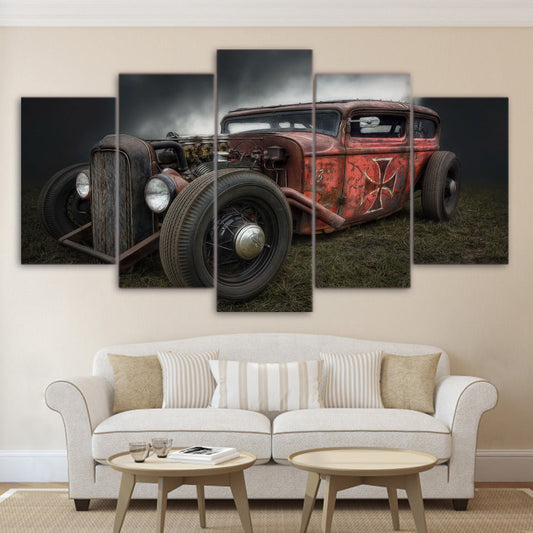 Antique Hot Rod Vintage Car Framed 5 Piece Canvas Wall Art