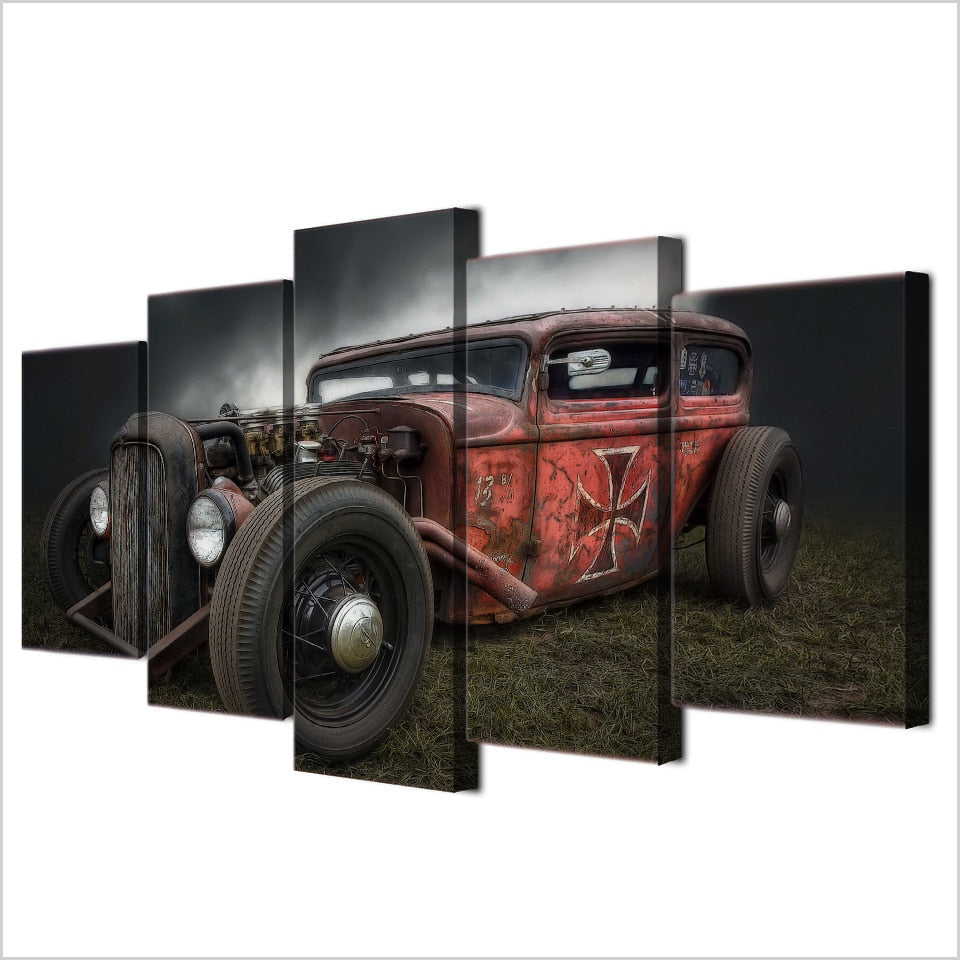 Antique Hot Rod Vintage Car Framed 5 Piece Canvas Wall Art
