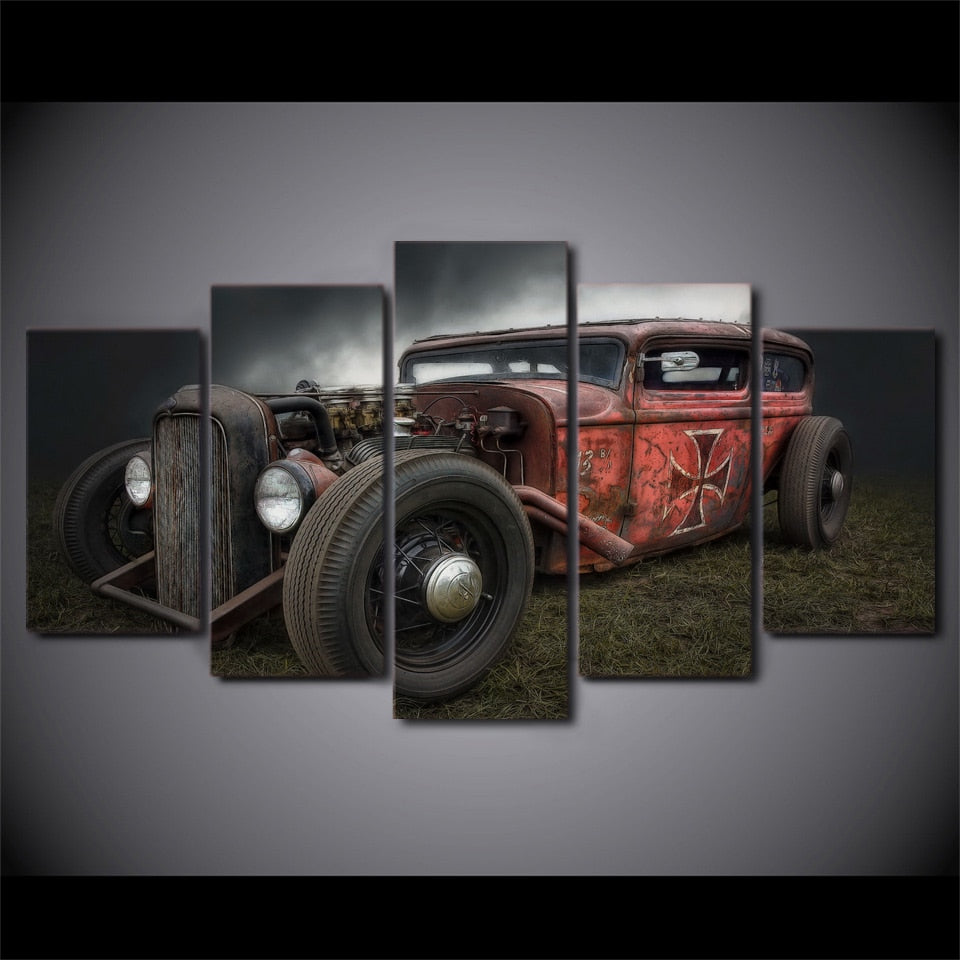 Antique Hot Rod Vintage Car Framed 5 Piece Canvas Wall Art