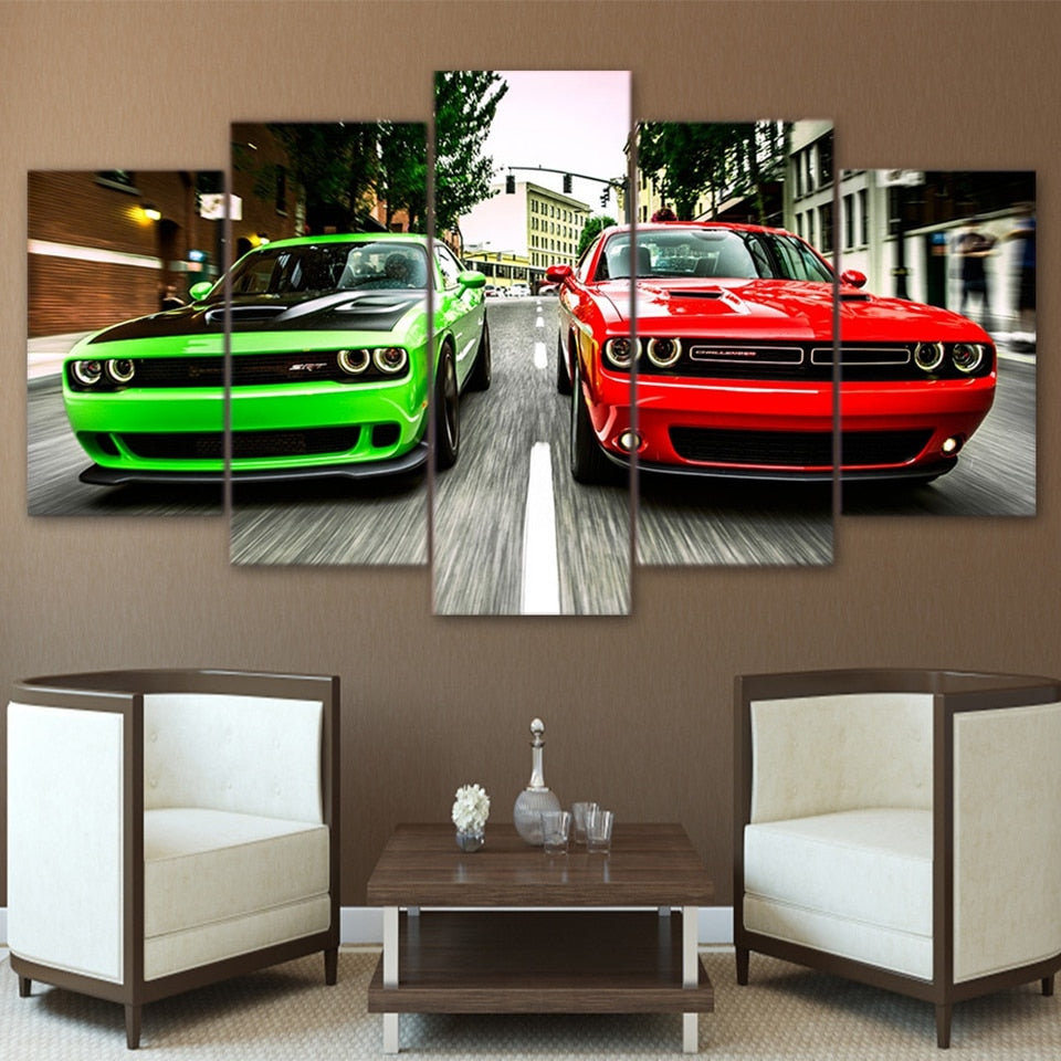 Dodge Challenger Green & Red Cars Framed 5 Piece Canvas Wall Art