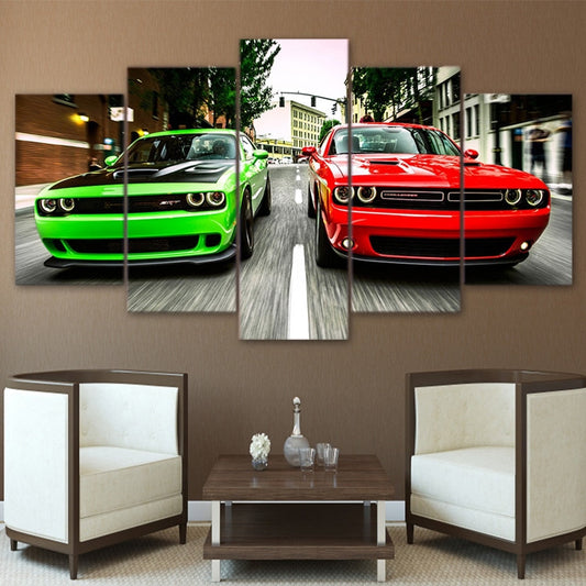 Dodge Challenger Green & Red Cars Framed 5 Piece Canvas Wall Art