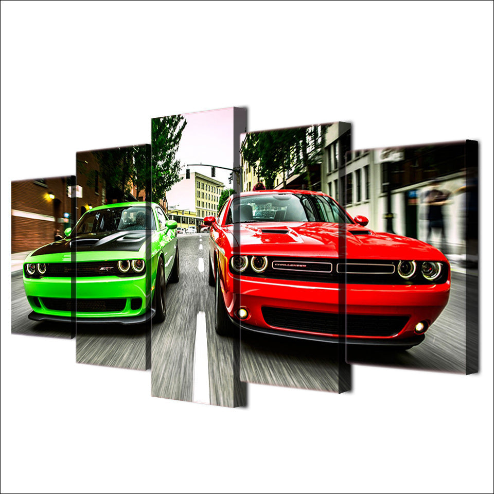 Dodge Challenger Green & Red Cars Framed 5 Piece Canvas Wall Art