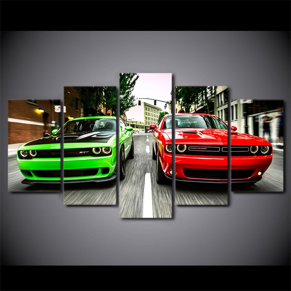 Dodge Challenger Green & Red Cars Framed 5 Piece Canvas Wall Art