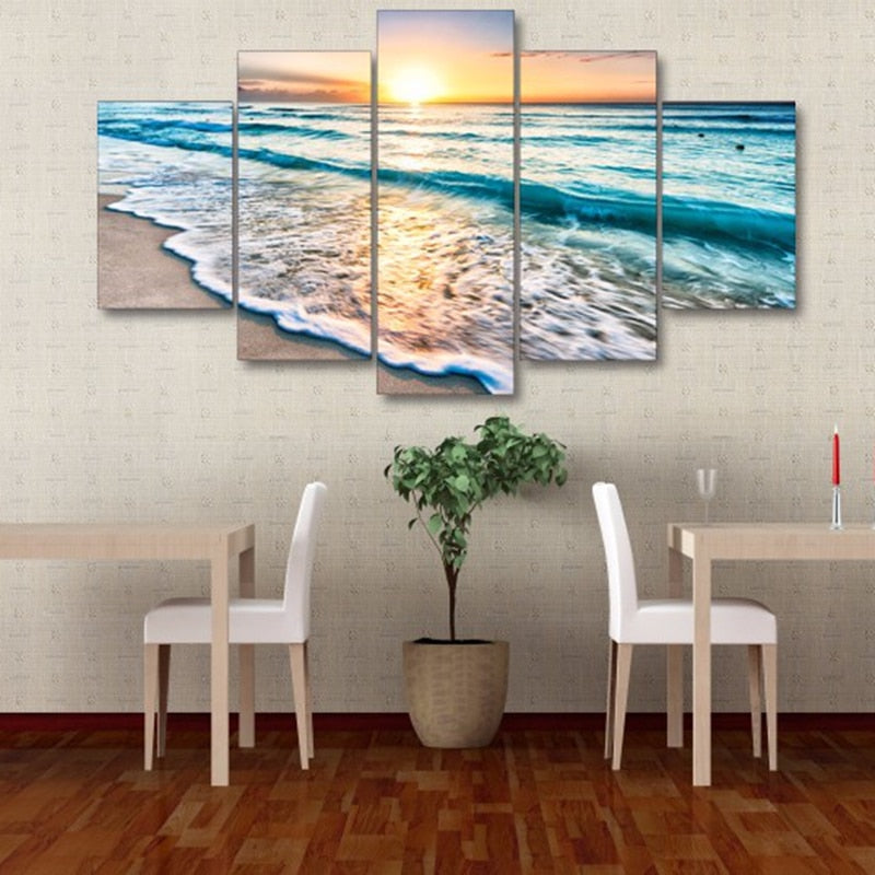 Beautiful Ocean Seascape Beach Sunset Sunrise Sea Waves 5 Piece Canvas Wall Art