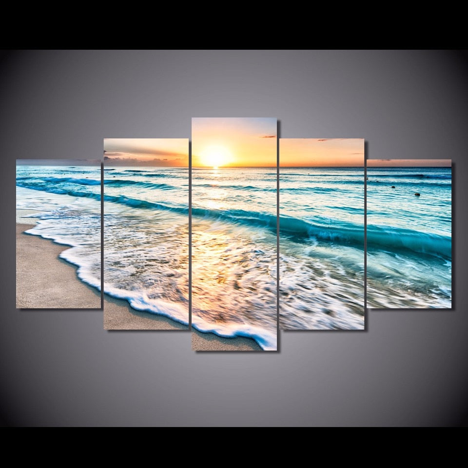Beautiful Ocean Seascape Beach Sunset Sunrise Sea Waves 5 Piece Canvas Wall Art
