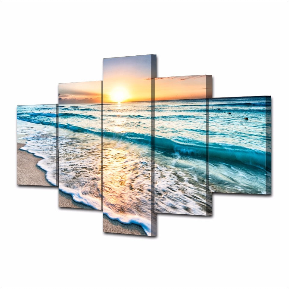 Beautiful Ocean Seascape Beach Sunset Sunrise Sea Waves 5 Piece Canvas Wall Art