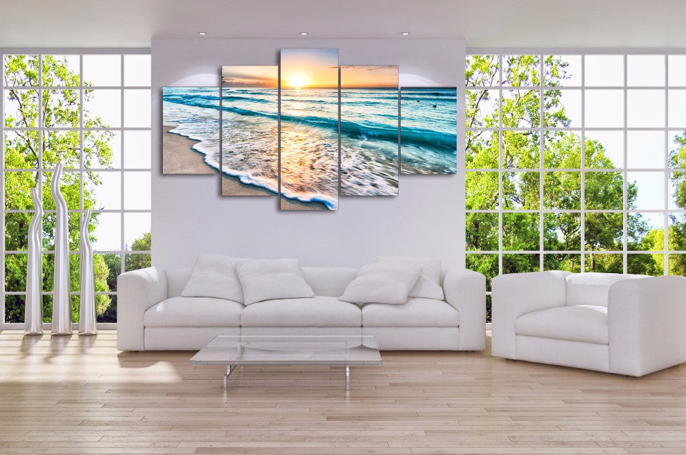 Beautiful Ocean Seascape Beach Sunset Sunrise Sea Waves 5 Piece Canvas Wall Art