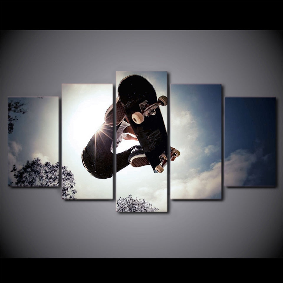 Skateboard In Sky With Trees Sports Framed 5 Piece Canvas Wall Art