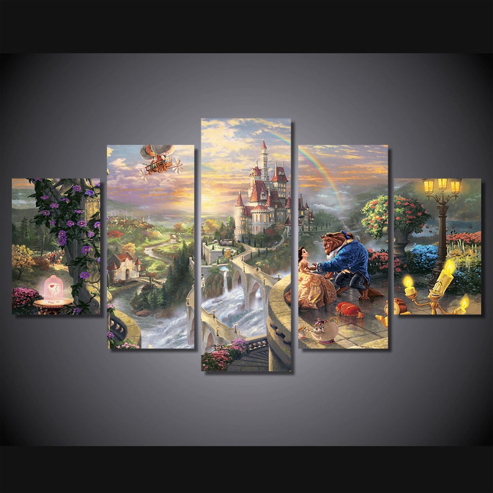 Beauty & The Beast Disney Cartoon Castle Framed 5 Piece Canvas Wall Art