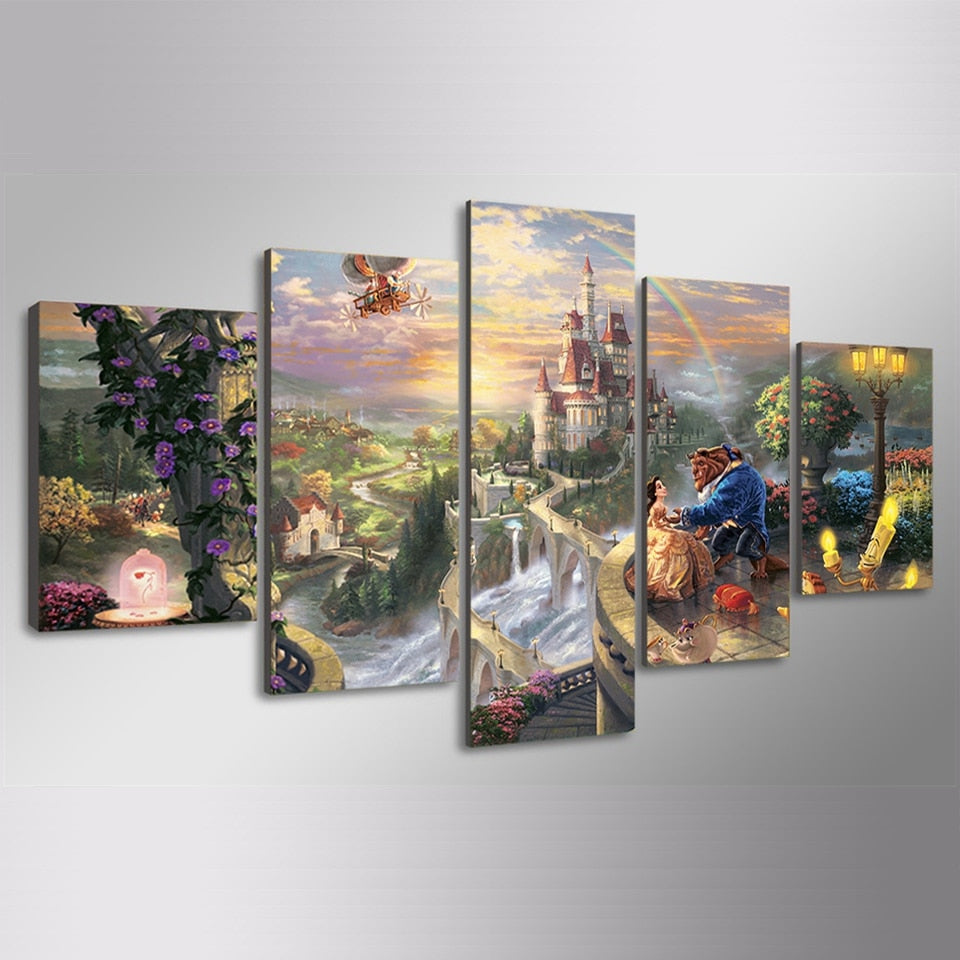 Beauty & The Beast Disney Cartoon Castle Framed 5 Piece Canvas Wall Art