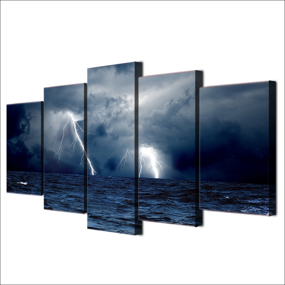 Cloudy Lightning Ocean Waves & Sea Storm Framed 5 Piece Canvas Wall Art