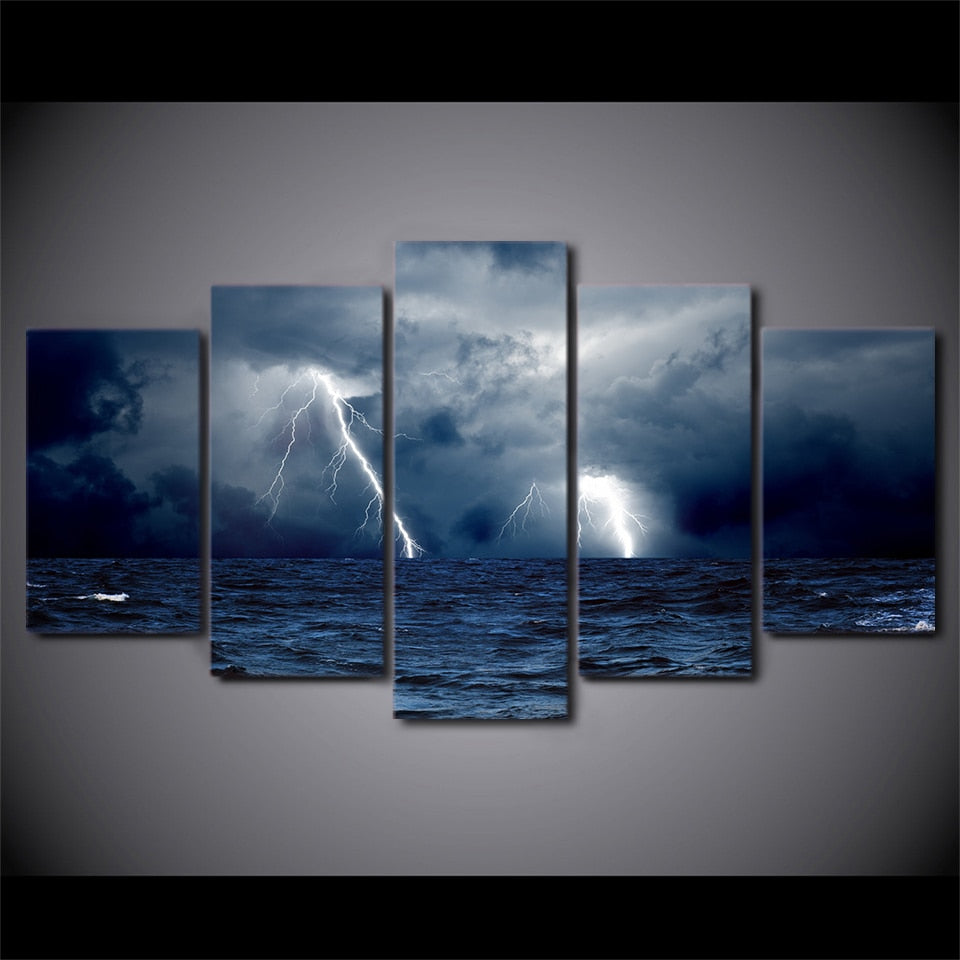 Cloudy Lightning Ocean Waves & Sea Storm Framed 5 Piece Canvas Wall Art