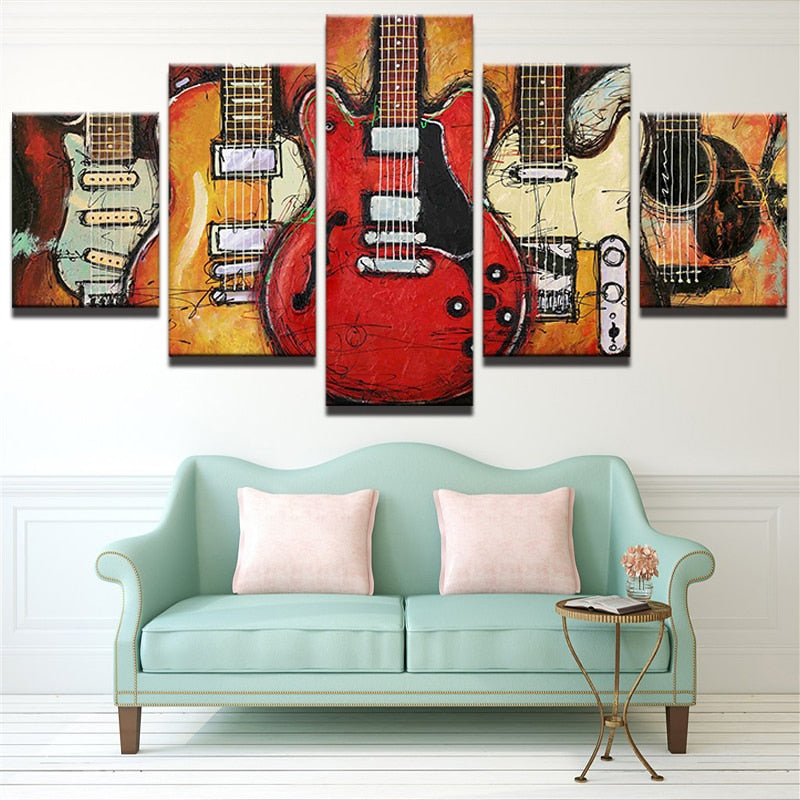 Electric Guitars Music Framed 5 Piece Canvas Wall Art