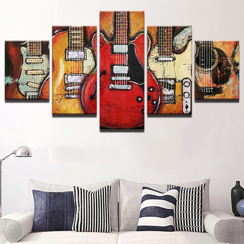 Electric Guitars Music Framed 5 Piece Canvas Wall Art