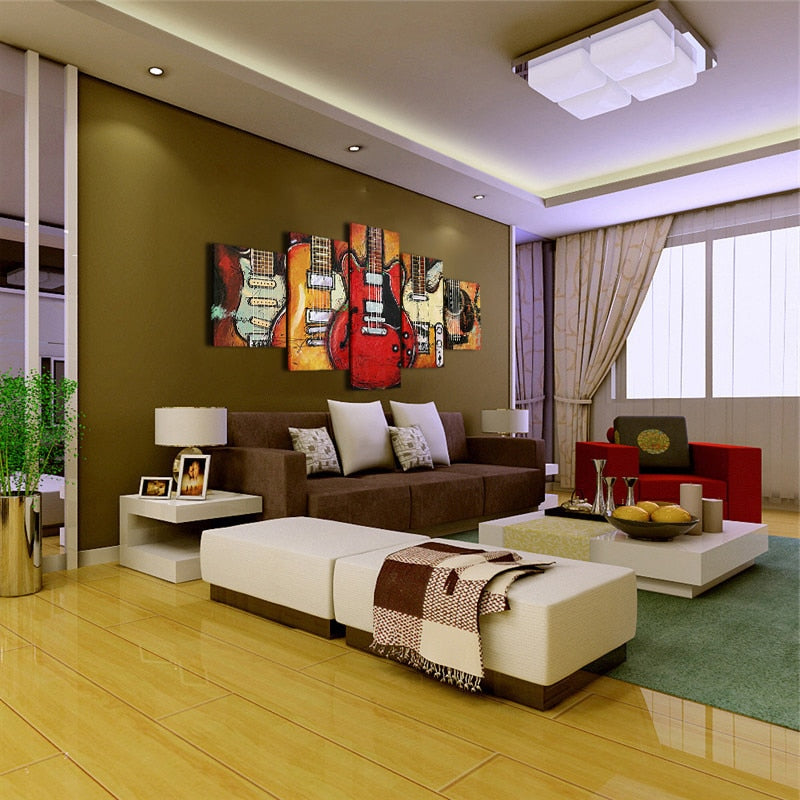 Electric Guitars Music Framed 5 Piece Canvas Wall Art