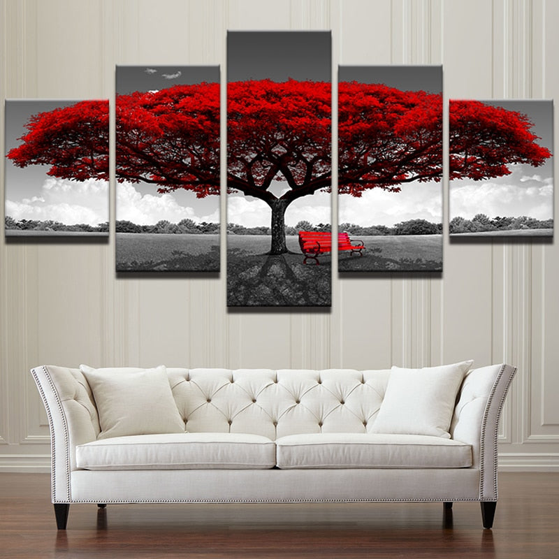 Vibrant Red Tree & Bench In Black & White 5 Piece Canvas Wall Art