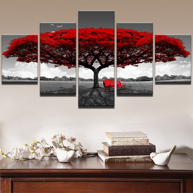 Vibrant Red Tree & Bench In Black & White 5 Piece Canvas Wall Art