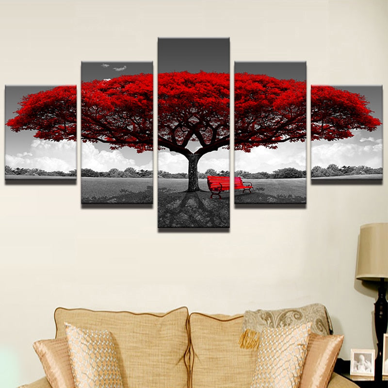 Vibrant Red Tree & Bench In Black & White 5 Piece Canvas Wall Art