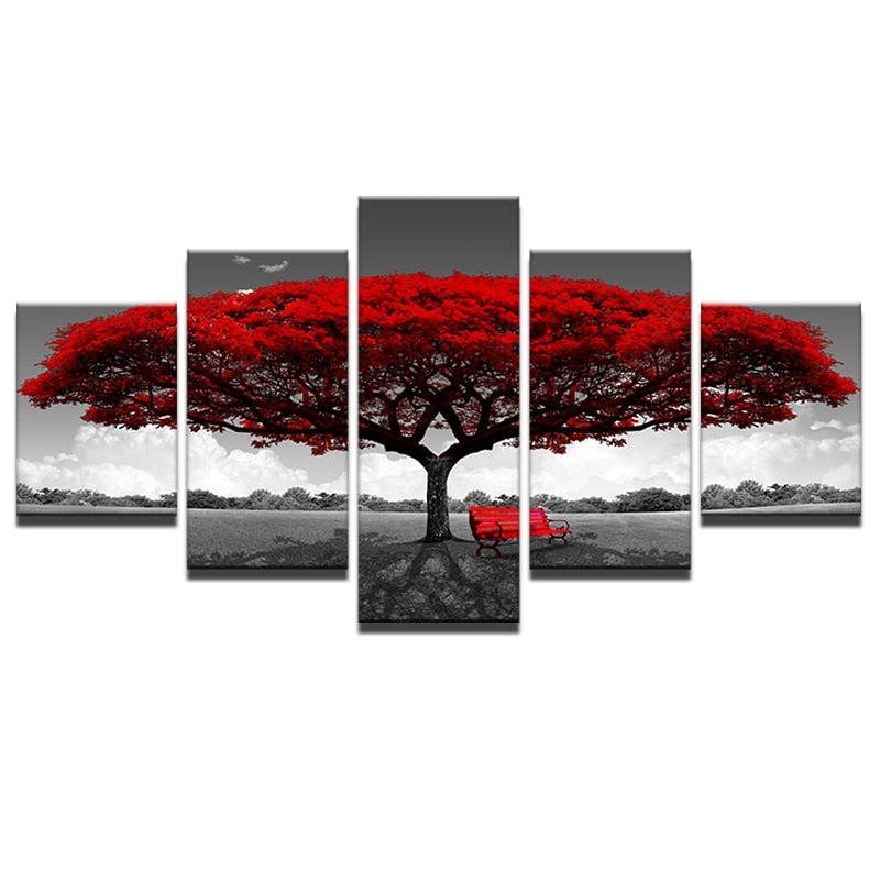 Vibrant Red Tree & Bench In Black & White 5 Piece Canvas Wall Art