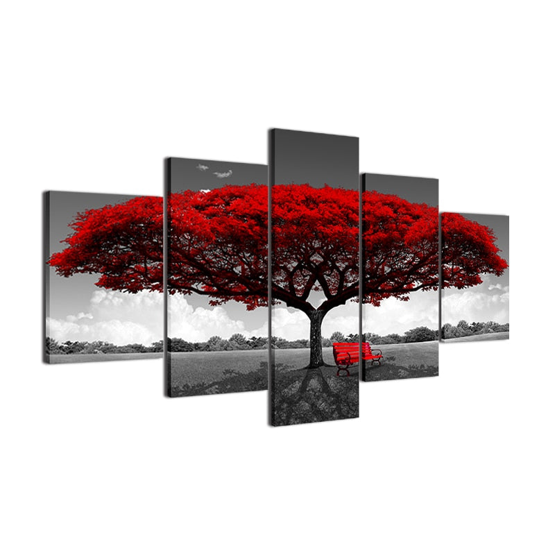 Vibrant Red Tree & Bench In Black & White 5 Piece Canvas Wall Art