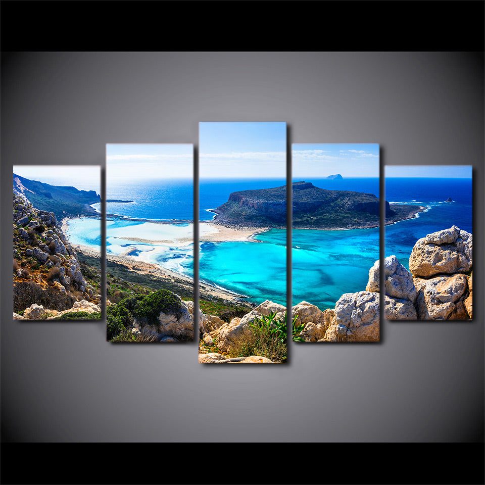Beautiful Blue Sea Island & Rocky Beach 5 Piece Canvas Wall Art