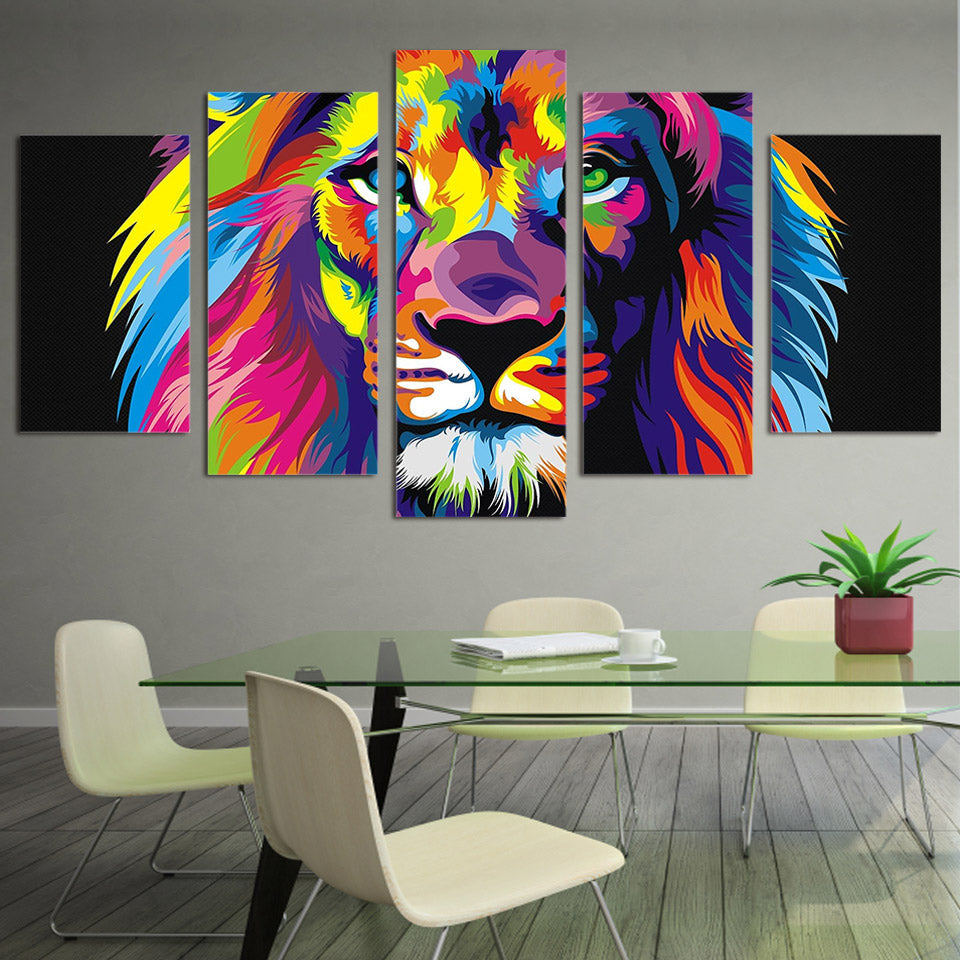 Colorful Lion Abstract Painting 5 Piece Canvas Wall Art