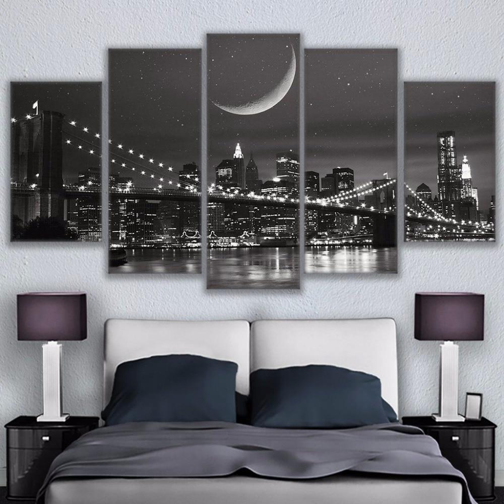 New York City Night Skyline Brooklyn Bridge NYC Moonscape Framed 5 Piece Canvas Wall Art