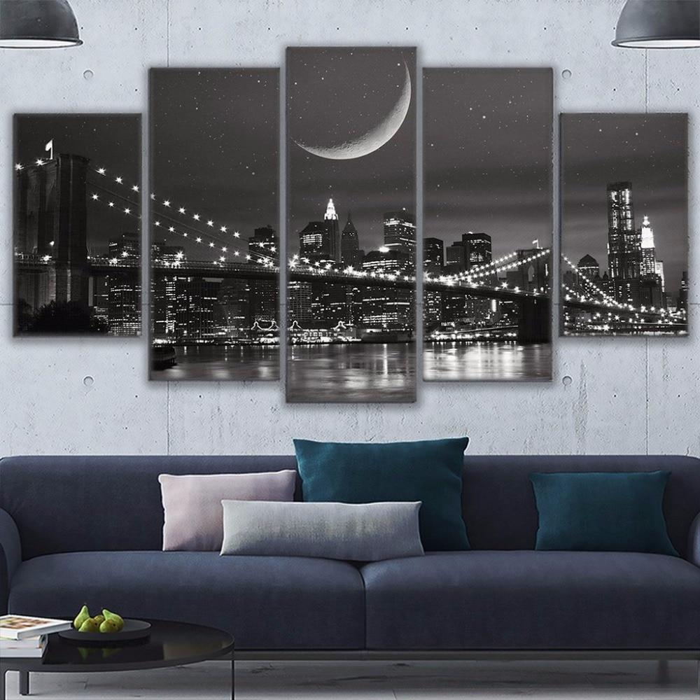New York City Night Skyline Brooklyn Bridge NYC Moonscape Framed 5 Piece Canvas Wall Art