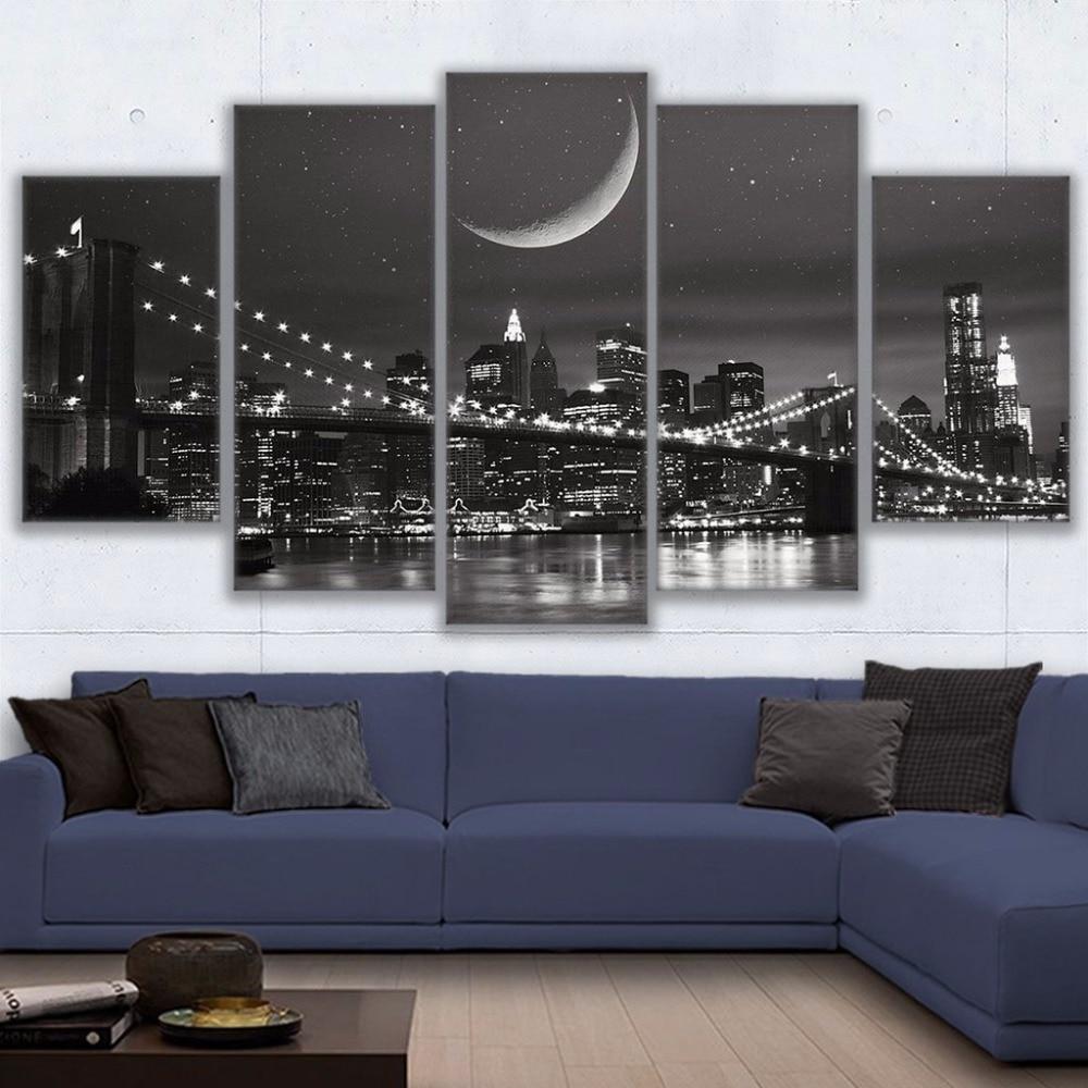 New York City Night Skyline Brooklyn Bridge NYC Moonscape Framed 5 Piece Canvas Wall Art
