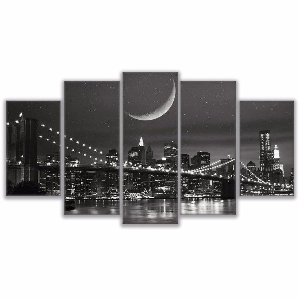 New York City Night Skyline Brooklyn Bridge NYC Moonscape Framed 5 Piece Canvas Wall Art