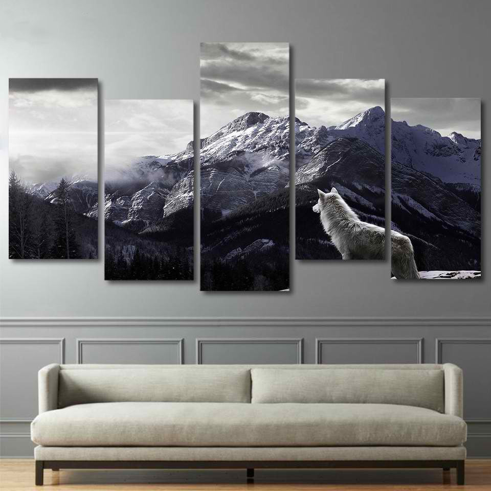Snowy Mountain Plateau Wolf Paintings Framed 5 Piece Canvas Wall Art